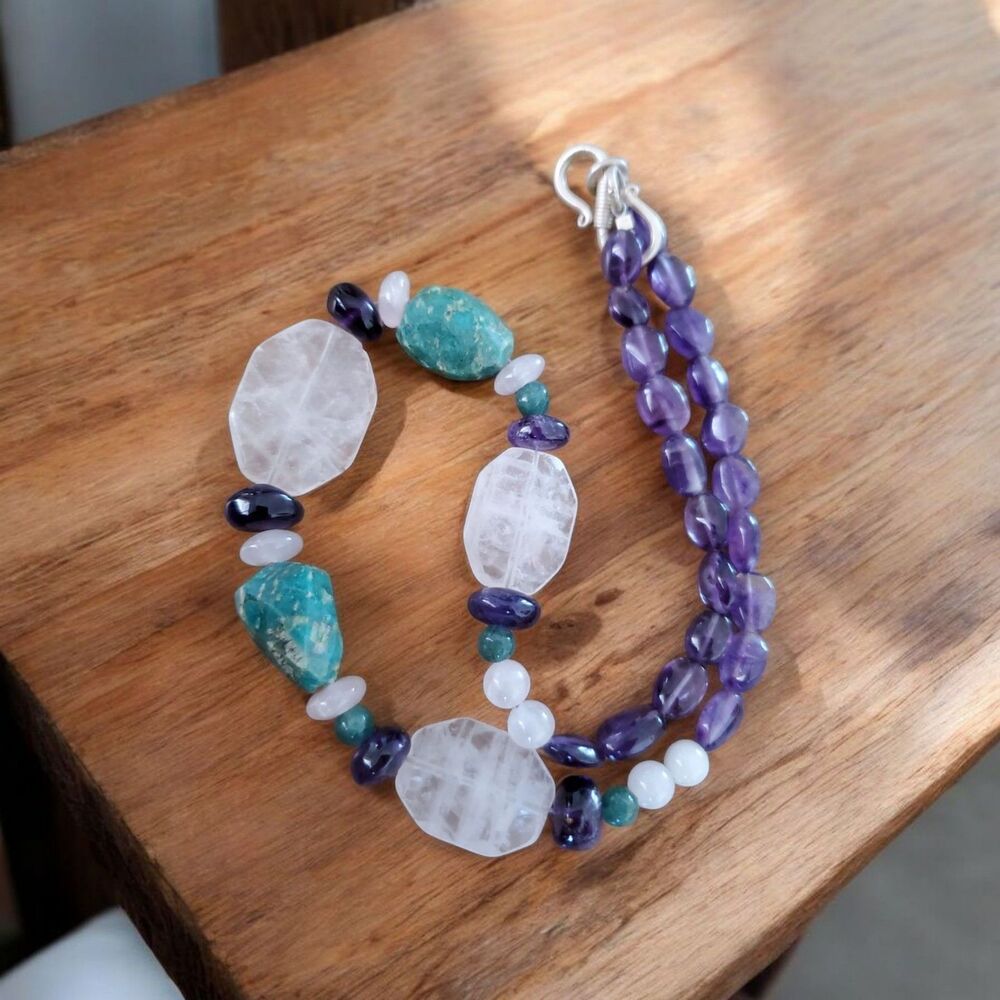 Vintage Natural Beaded Necklace Amethyst Quartz Amazonite